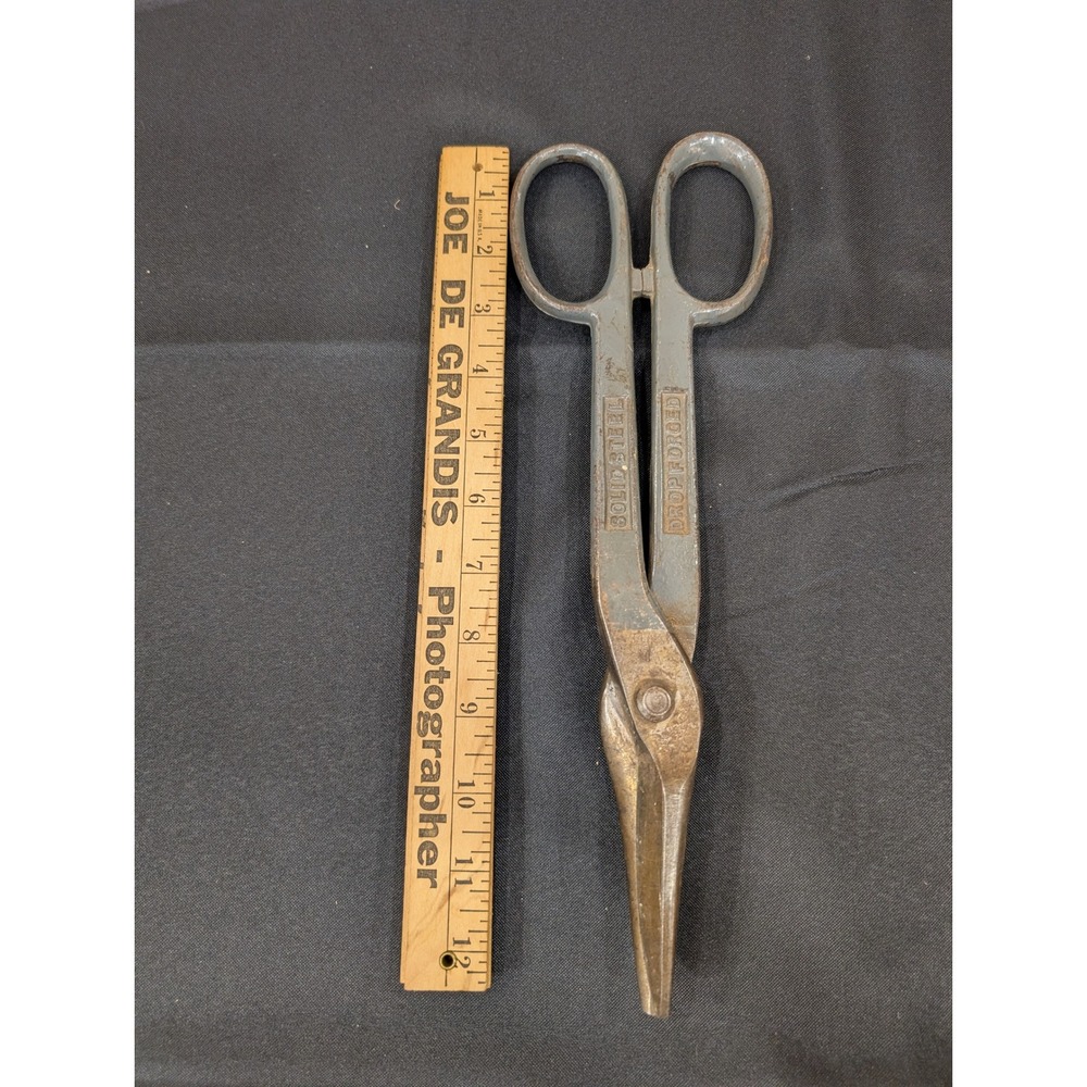Vintage Solid Steel Drop Forged Tin Snips Metal Cutting Shears Grey Handle - Picture 5 of 5